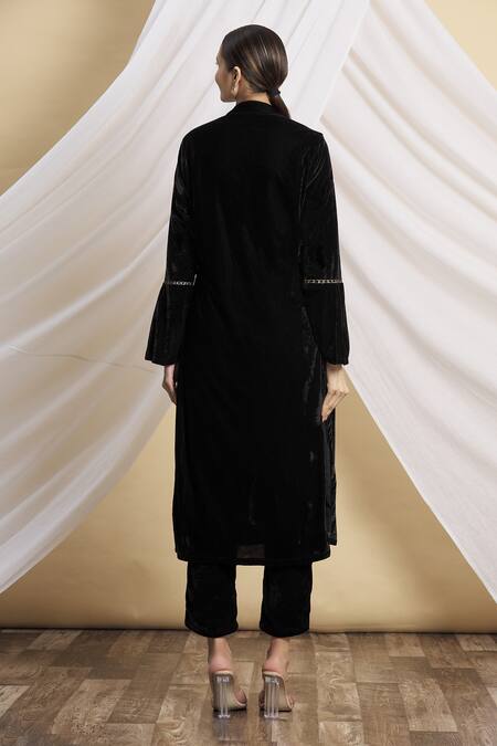 Shop Nazaakat By Samara Singh Black Velvet Embroidered Sequins Umbrella Sleeves Kurta And Pant Set at Aza Fashions Shop_Nazaakat By Samara Singh_Black Velvet Embroidered Sequins Umbrella Sleeves Kurta And Pant Set _at_Aza_Fashions