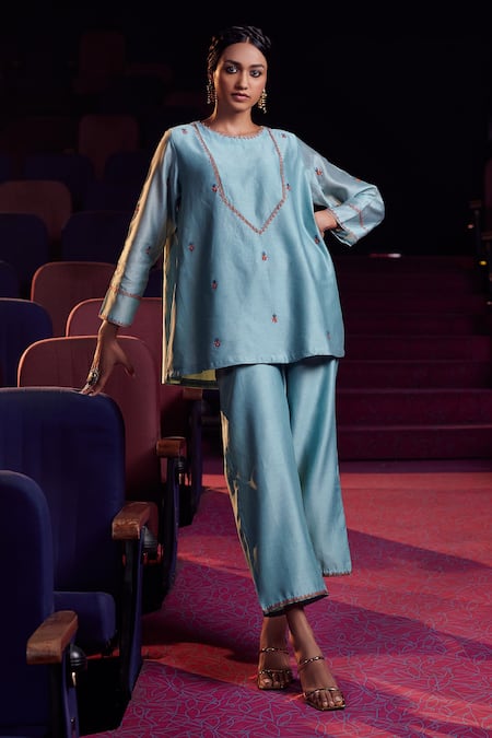 Shikha Mehta Blue Silk Chanderi Round Aafri Top And Pant Set