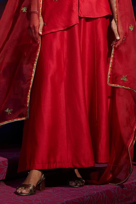 Shikha Mehta_Red Organza, Chanderi Notched Sayraa Jacket Set_Online_at_Aza_Fashions