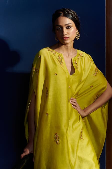 Buy_Shikha Mehta_Green Cotton, Silk Chanderi Notched Asmee Kaftan And Pant Set_Online_at_Aza_Fashions
