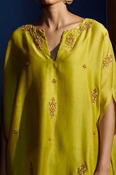 Shop_Shikha Mehta_Green Cotton, Silk Chanderi Notched Asmee Kaftan And Pant Set_Online_at_Aza_Fashions