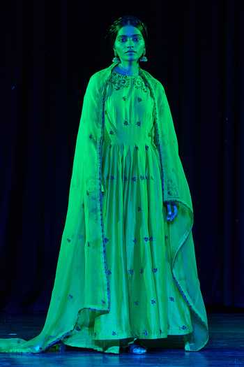 Shop Shikha Mehta Green Organza, Chanderi Round Parviz Anarkali Set at Aza Fashions Shop_Shikha Mehta_Green Organza, Chanderi Round Parviz Anarkali Set_at_Aza_Fashions