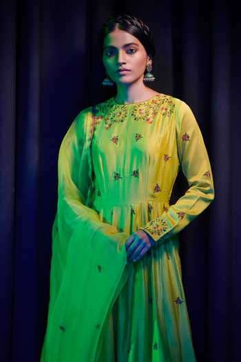 Buy Shikha Mehta Green Organza, Chanderi Round Parviz Anarkali Set Online at Aza Fashions Buy_Shikha Mehta_Green Organza, Chanderi Round Parviz Anarkali Set_Online_at_Aza_Fashions
