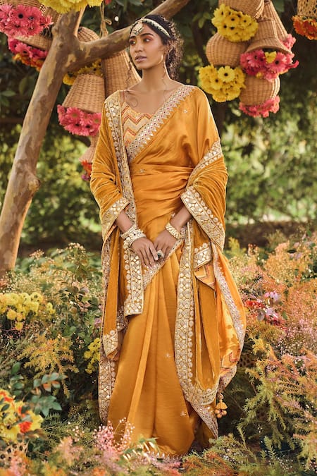 Punit Balana_Yellow Organza Silk Scoop Neck Saree With Blouse _Online_at_Aza_Fashions