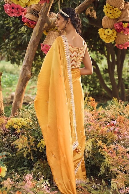 Shop_Punit Balana_Yellow Organza Silk Scoop Neck Saree With Blouse _at_Aza_Fashions