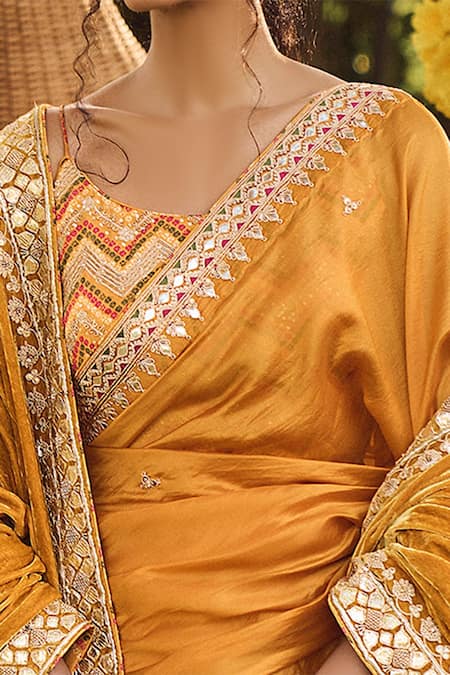 Buy_Punit Balana_Yellow Organza Silk Scoop Neck Saree With Blouse _Online_at_Aza_Fashions