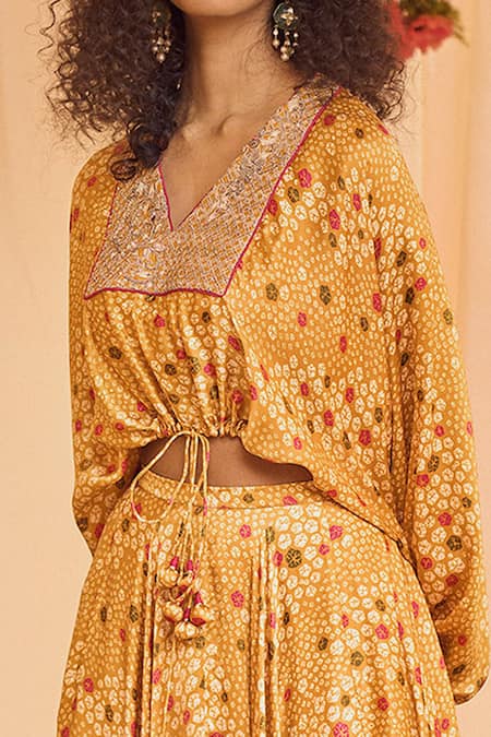 Punit Balana_Yellow Satin Silk V Neck Bandhani Print Skirt Set _Online_at_Aza_Fashions