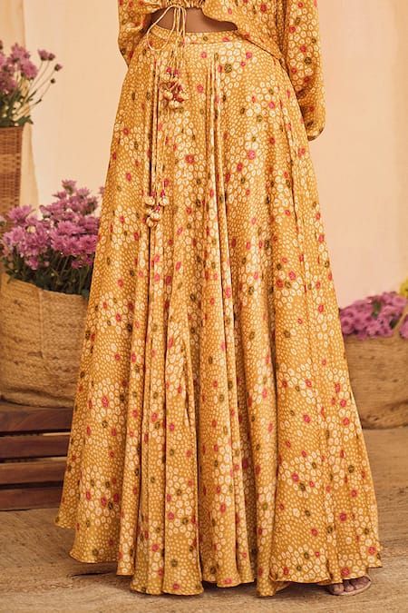 Buy_Punit Balana_Yellow Satin Silk V Neck Bandhani Print Skirt Set _Online_at_Aza_Fashions