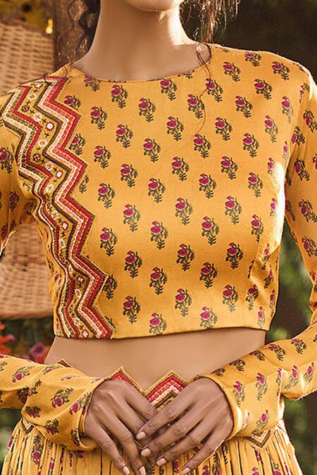 Shop_PUNIT BALANA_Yellow Satin Silk Embroidery Round Floral Print Skirt Set _at_Aza_Fashions