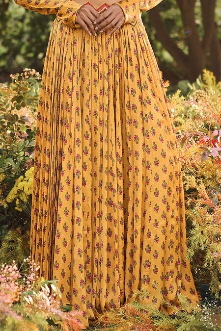 PUNIT BALANA_Yellow Satin Silk Embroidery Round Floral Print Skirt Set _Online_at_Aza_Fashions