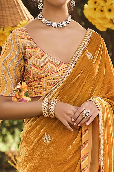 Punit Balana_Yellow Satin Silk, Velvet Scoop Neck Saree With Embroidered Blouse _Online_at_Aza_Fashions