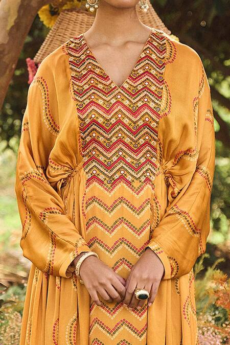 Punit Balana_Yellow Satin Silk V Neck Bandhani Print Kaftan _Online_at_Aza_Fashions