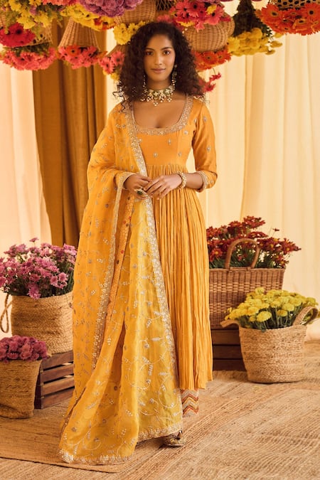 Punit Balana_Yellow Anarkali Chanderi, Dupatta Organza, Gota Embroidered Set _Online_at_Aza_Fashions