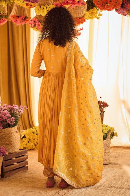 Shop_Punit Balana_Yellow Anarkali Chanderi, Dupatta Organza, Gota Embroidered Set _Online_at_Aza_Fashions