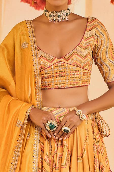 Punit Balana_Yellow Dupatta Silk Organza, Lehenga And Blouse Gota Embroidered Bridal Set _Online_at_Aza_Fashions