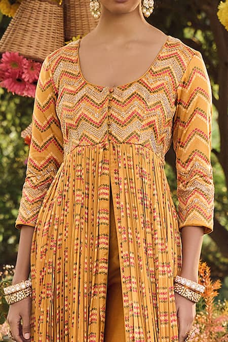 Punit Balana_Yellow Satin Silk Scoop Neck Bandhani Print Kurta And Pant Set _Online_at_Aza_Fashions