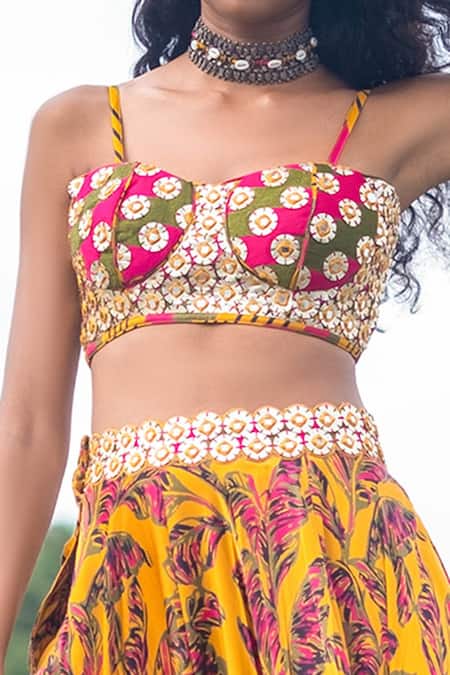 Punit Balana_Yellow Satin Silk Sweetheart Neck Leaf Motif Skirt And Blouse Set _Online_at_Aza_Fashions