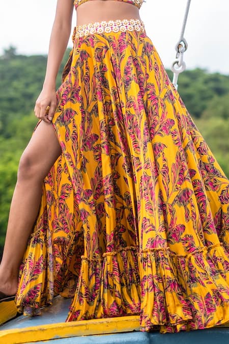 Buy_Punit Balana_Yellow Satin Silk Sweetheart Neck Leaf Motif Skirt And Blouse Set _Online_at_Aza_Fashions