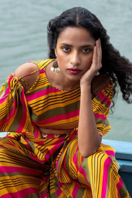Shop_PUNIT BALANA_Yellow Satin Silk Embellished Round Striped Flared Pant Set _Online_at_Aza_Fashions
