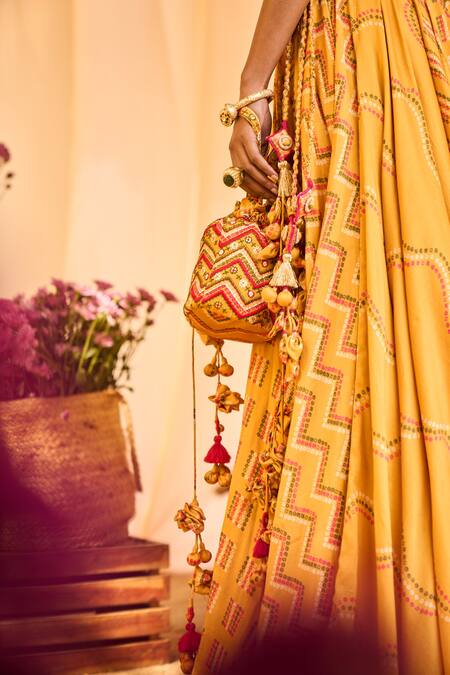 Punit Balana Yellow Embroidery, Tassels Resham Potli Bag Online at Aza Fashions Punit Balana_Yellow Embroidery, Tassels Resham Potli Bag _Online_at_Aza_Fashions