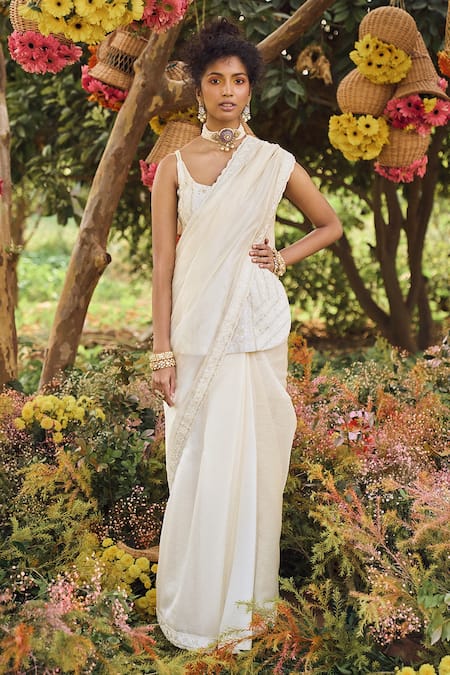 PUNIT BALANA_White Organza Silk Embroidery Scoop Neck Saree Set _Online_at_Aza_Fashions