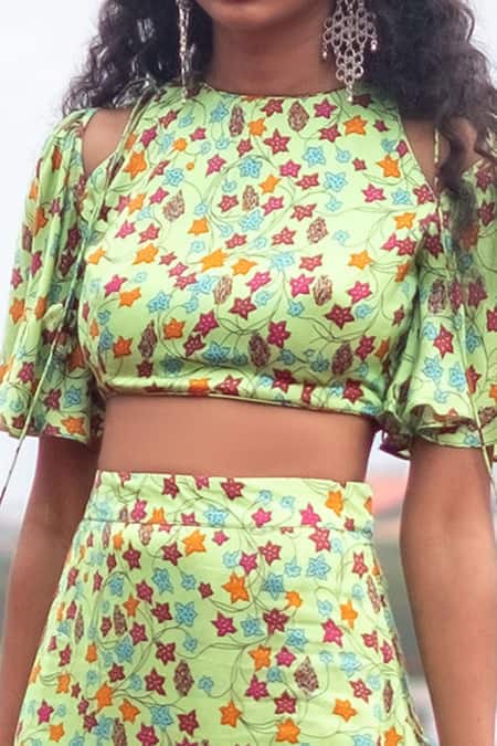 Buy_Punit Balana_Green Satin Silk Round Ruffle Skirt And Crop Top Set _Online_at_Aza_Fashions