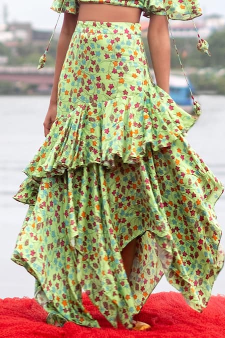 Shop_Punit Balana_Green Satin Silk Round Ruffle Skirt And Crop Top Set _Online_at_Aza_Fashions