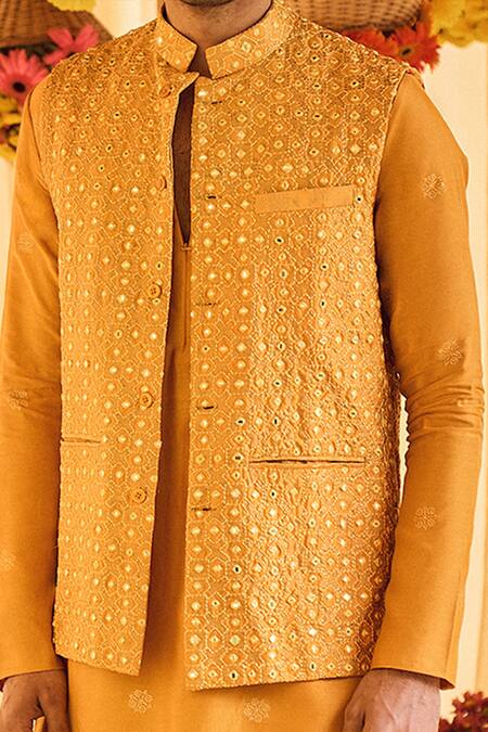 Punit Balana_Yellow Chanderi Silk Resham Embroidered Bundi And Kurta Set _Online_at_Aza_Fashions