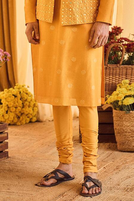 Buy_Punit Balana_Yellow Chanderi Silk Resham Embroidered Bundi And Kurta Set _Online_at_Aza_Fashions
