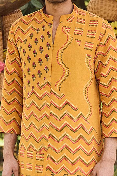 Punit Balana_Yellow Linen Printed Kurta Set _Online_at_Aza_Fashions