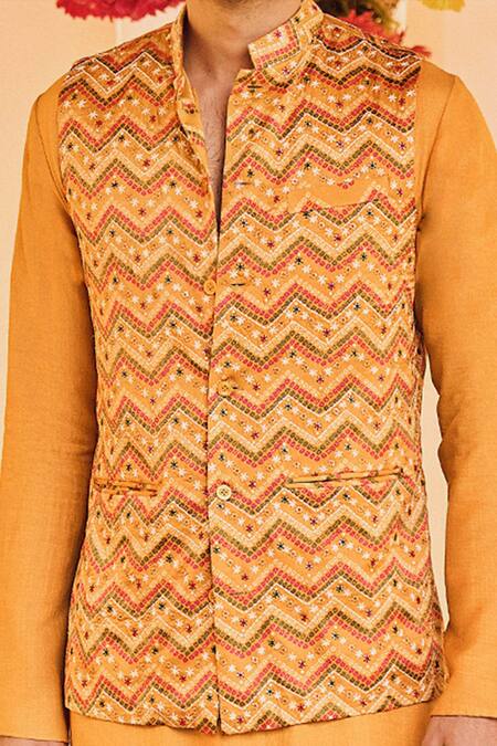 Punit Balana_Yellow Chanderi Silk Printed Bundi And Kurta Set _Online_at_Aza_Fashions