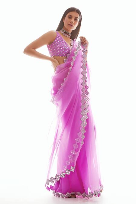 Shop_Vvani By Vani Vats_Purple Organza, Georgette V Neck Saree With Blouse _at_Aza_Fashions