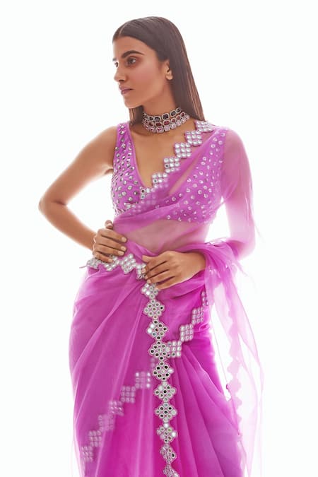 Vvani By Vani Vats_Purple Organza, Georgette V Neck Saree With Blouse _Online_at_Aza_Fashions