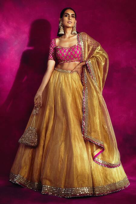 Gold Tissue Lehenga Choli Set | Lehenga choli, Stylish wedding dresses,  Lehenga