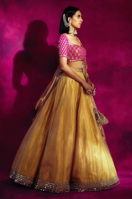 Dark Salmon Pink Front Open Jacket Tissue Lehenga