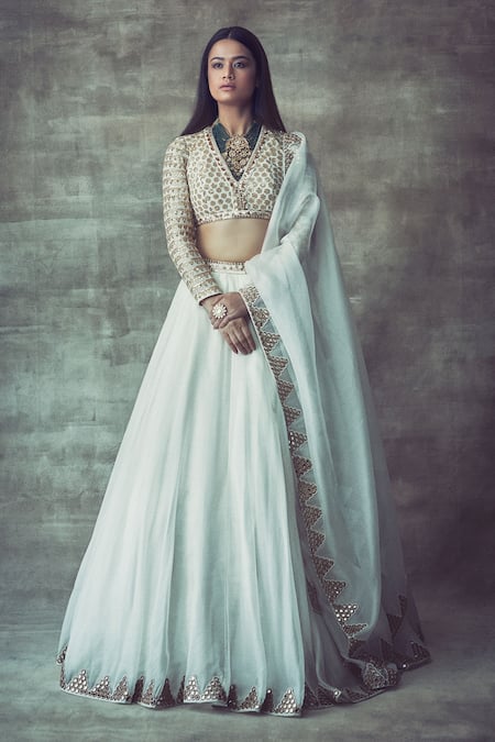 Vvani by Vani Vats White Georgette V Neck Embroidered Blouse And Lehenga Set 