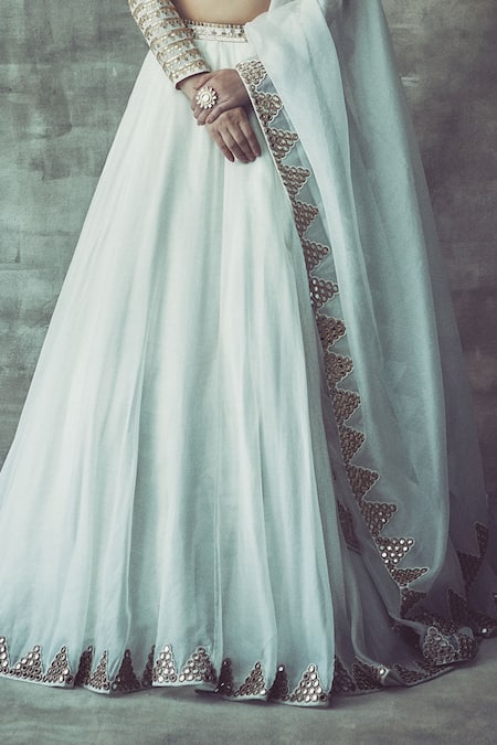 Vvani By Vani Vats_White Organza, Georgette V Neck Embroidered Blouse And Lehenga Set _Online_at_Aza_Fashions