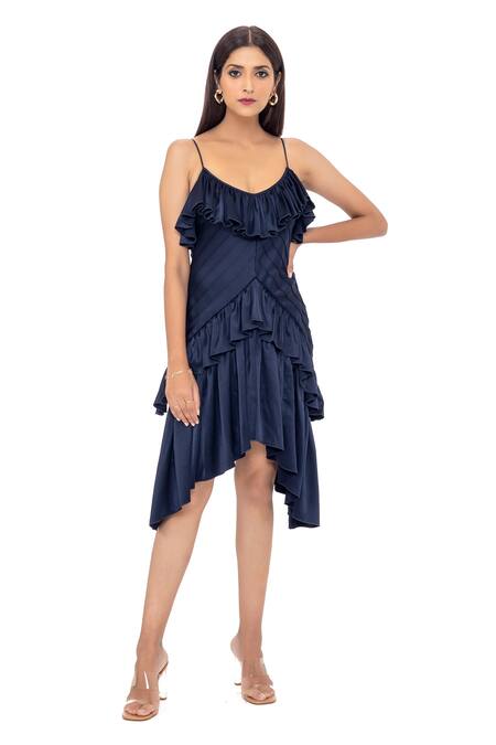 Navy Strappy Satin Ruffle Dress