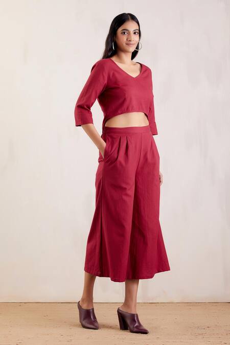 The Indian Cause_Cotton Textured Crop Top And Pant Set_Online_at_Aza_Fashions
