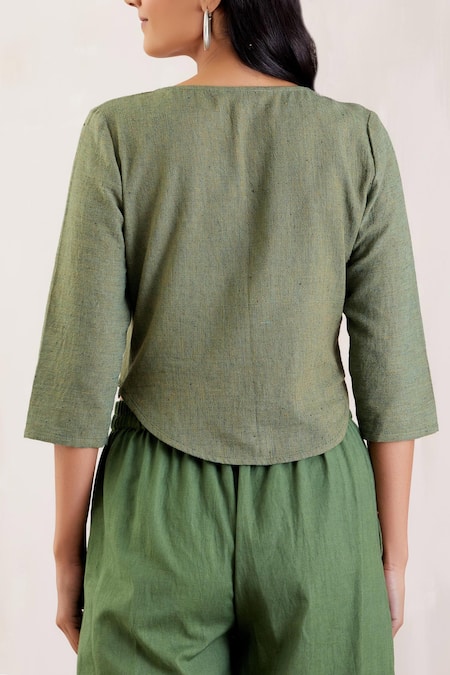 Shop_The Indian Cause_Green Cotton Textured Crop Top_Online_at_Aza_Fashions