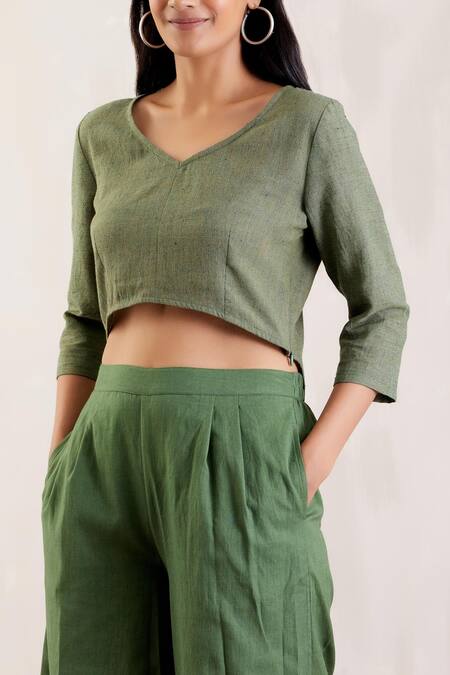 The Indian Cause_Green Cotton Textured Crop Top_at_Aza_Fashions
