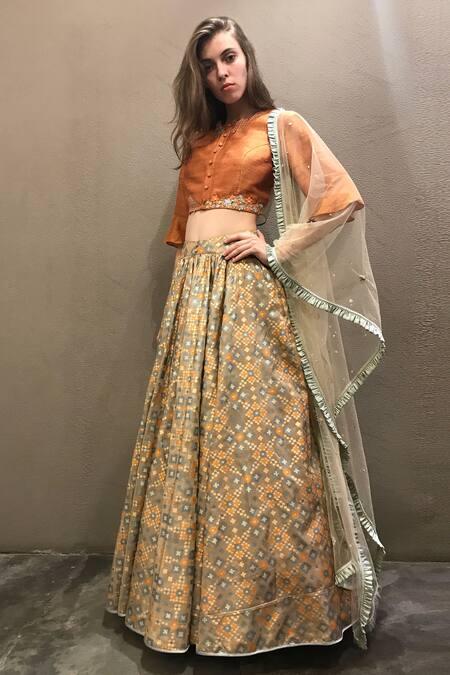 I Am Design_Orange Silk Round Ikat Lehenga Set _Online_at_Aza_Fashions
