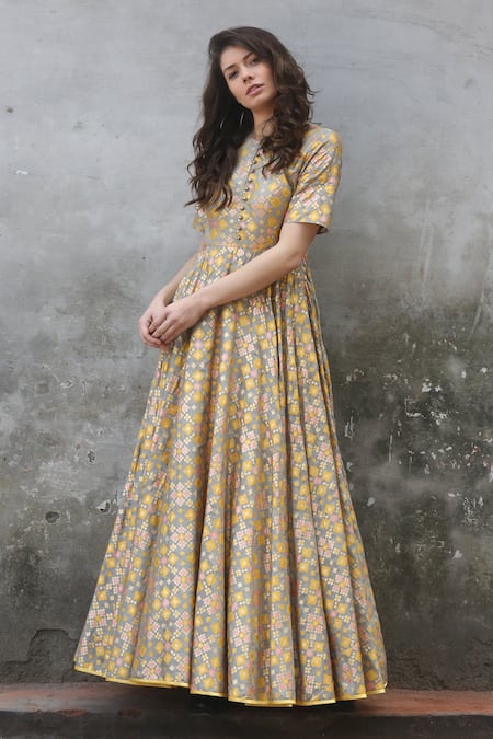 I Am Design_Grey Silk Round Ikat Gown _Online_at_Aza_Fashions
