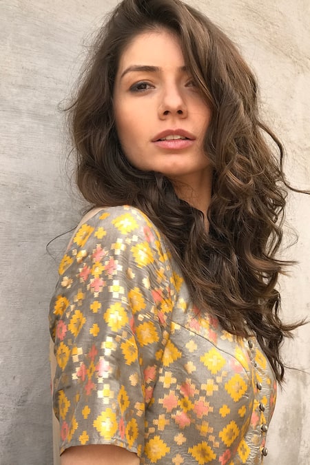 Shop_I Am Design_Grey Silk Round Ikat Gown _Online_at_Aza_Fashions