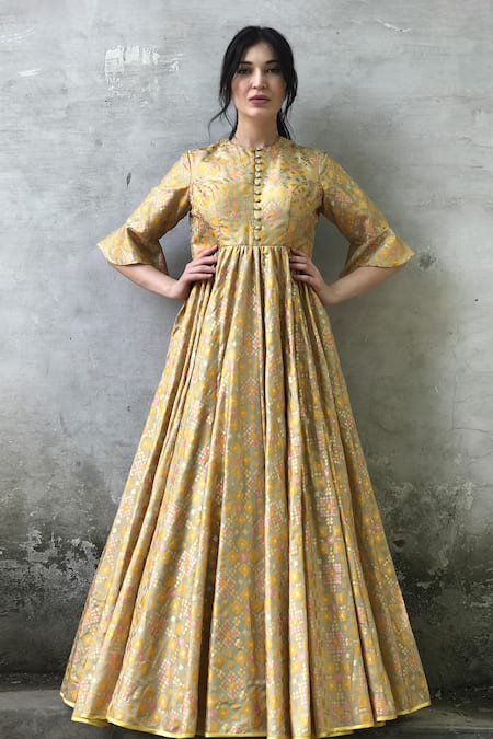 I Am Design_Gold Silk Round Ikat Gown _Online_at_Aza_Fashions