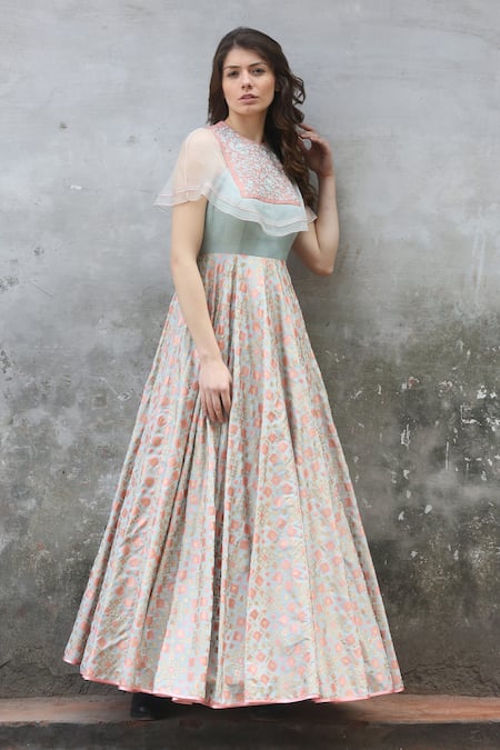 I Am Design_Green Silk Round Ikat Gown _Online_at_Aza_Fashions