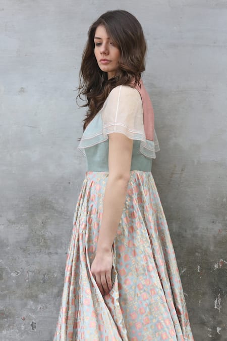 I Am Design_Green Silk Round Ikat Gown _at_Aza_Fashions