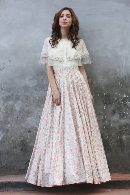 I Am Design_White Silk Round Ikat Gown _Online_at_Aza_Fashions