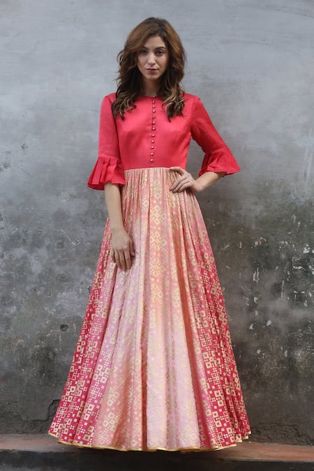 I Am Design_Peach Silk Round Ikat Gown _Online_at_Aza_Fashions