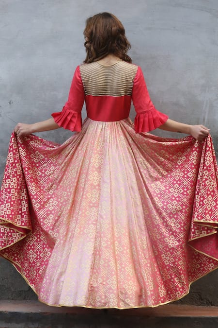 Buy_I Am Design_Peach Silk Round Ikat Gown _Online_at_Aza_Fashions